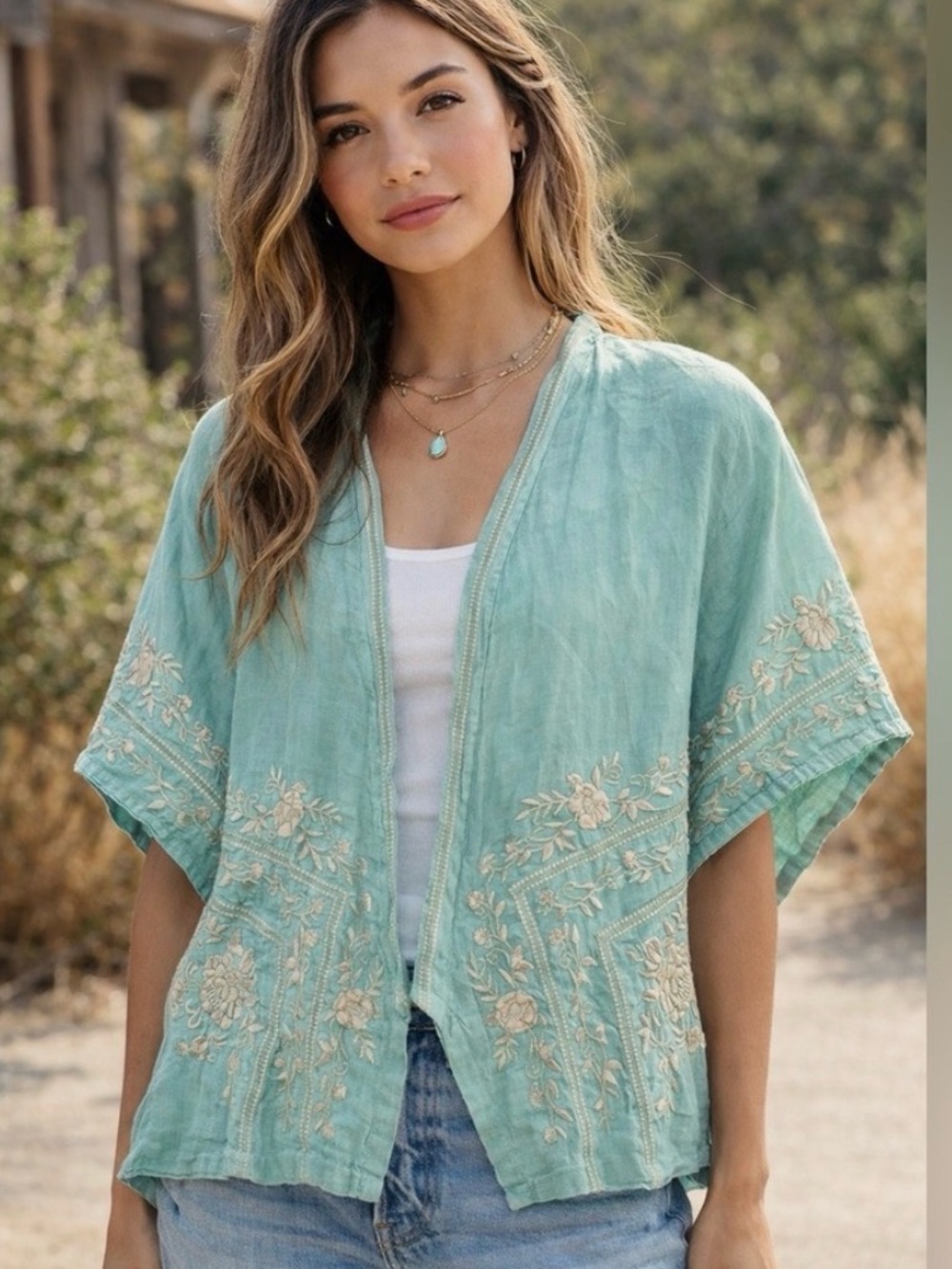 Johnny Was Mint Green Embroidered Open-Front Kimono Jacket